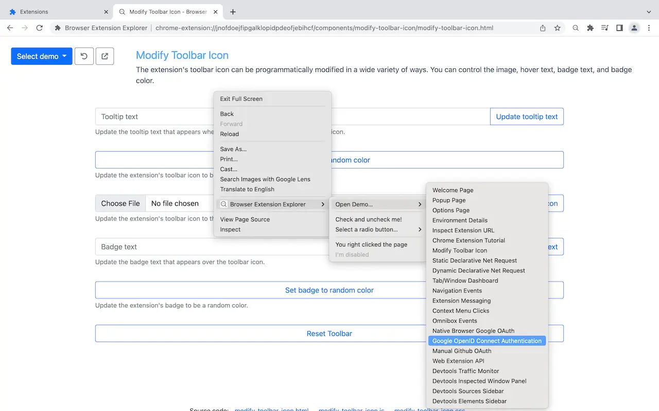Example Chrome Extension - Modify extension toolbar icon button, context menu